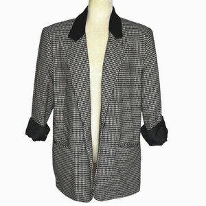 Wool Blend Houndstooth Blazer Black Velvet Collar Oversized Boxy Fit Sz 12